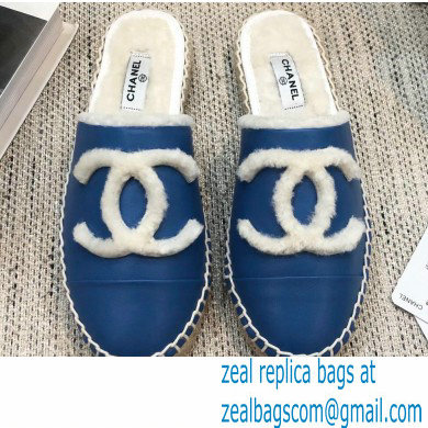 Chanel Shearling Fur Lining CC Logo Espadrilles Mules Blue 2020