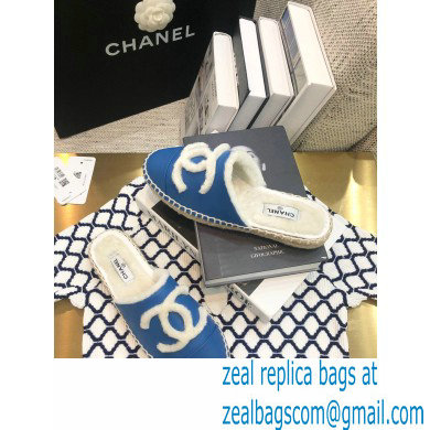 Chanel Shearling Fur Lining CC Logo Espadrilles Mules Blue 2020