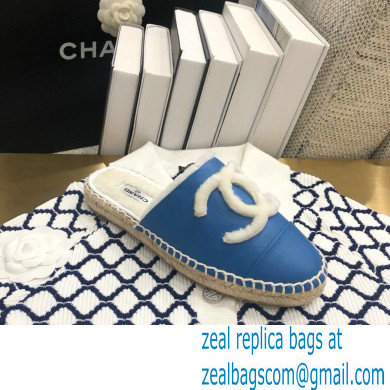 Chanel Shearling Fur Lining CC Logo Espadrilles Mules Blue 2020 - Click Image to Close