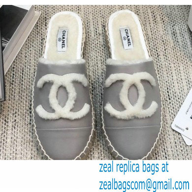 Chanel Shearling Fur Lining CC Logo Espadrilles Mules Gray 2020