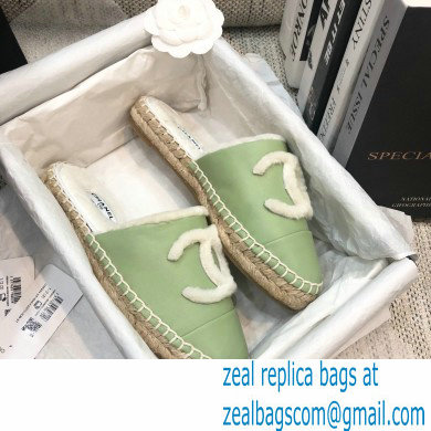 Chanel Shearling Fur Lining CC Logo Espadrilles Mules Green 2020