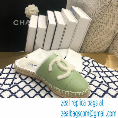 Chanel Shearling Fur Lining CC Logo Espadrilles Mules Green 2020