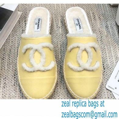 Chanel Shearling Fur Lining CC Logo Espadrilles Mules Yellow 2020