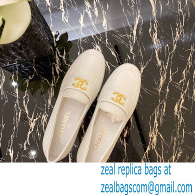 Chanel Top Quality Calfskin Gold CC Logo Loafers White 2020