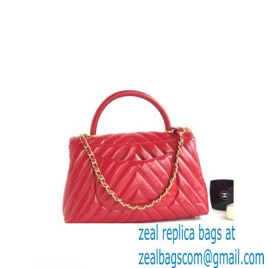 Chanel Waxy Leather Coco Handle Chevron Medium Flap Bag Red with Top Handle A92991