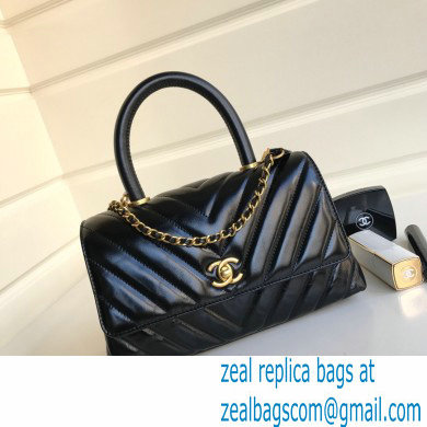 Chanel Waxy Leather Coco Handle Chevron Small Flap Bag Black with Top Handle A92990 - Click Image to Close