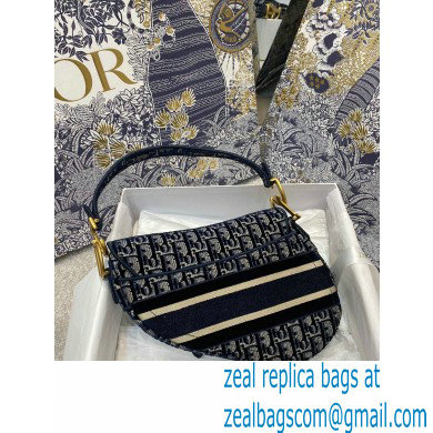 DIOR Blue Dior Oblique Embroidered Velvet SADDLE BAG 2020
