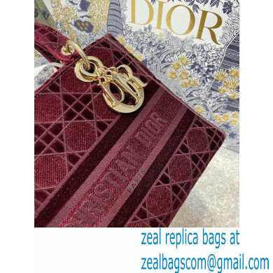 DIOR Burgundy Cannage Embroidered Velvet Medium Lady D-Lite Bag 2020 - Click Image to Close