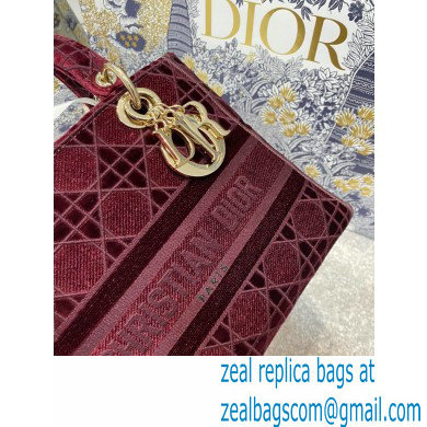 DIOR Burgundy Cannage Embroidered Velvet Medium Lady D-Lite Bag 2020