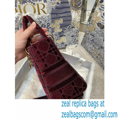 DIOR Burgundy Cannage Embroidered Velvet Medium Lady D-Lite Bag 2020 - Click Image to Close