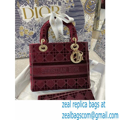 DIOR Burgundy Cannage Embroidered Velvet Medium Lady D-Lite Bag 2020 - Click Image to Close