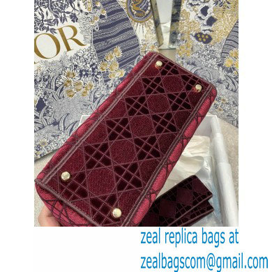 DIOR Burgundy Cannage Embroidered Velvet Medium Lady D-Lite Bag 2020 - Click Image to Close