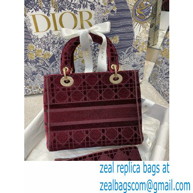 DIOR Burgundy Cannage Embroidered Velvet Medium Lady D-Lite Bag 2020 - Click Image to Close