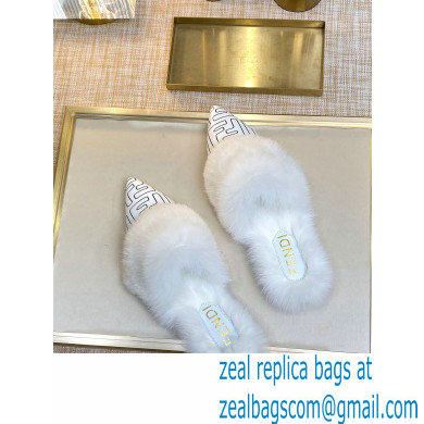 Fendi Rabbit Hair FF Print Slingbacks White 2020 - Click Image to Close