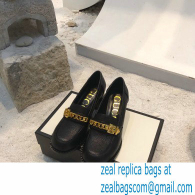 Gucci Heel 5.5cm Textured Leather Loafers Black with Chain 2020