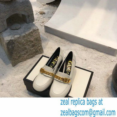 Gucci Heel 5.5cm Textured Leather Loafers White with Chain 2020