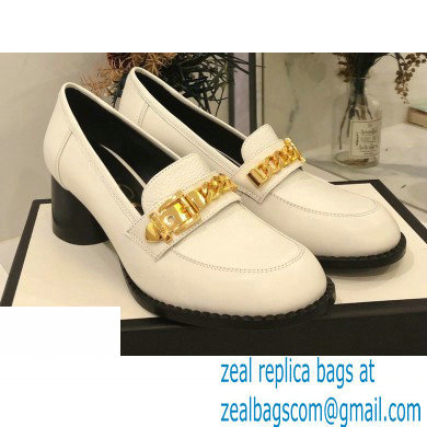 Gucci Heel 5.5cm Textured Leather Loafers White with Chain 2020