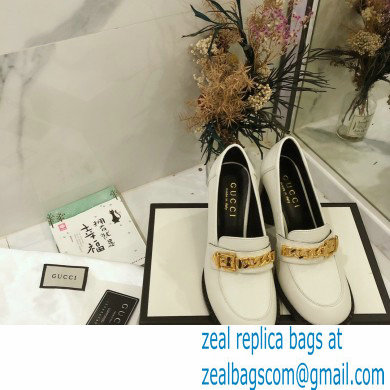 Gucci Heel 8.5cm Textured Leather Loafers White with Chain 2020