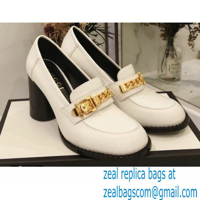 Gucci Heel 8.5cm Textured Leather Loafers White with Chain 2020