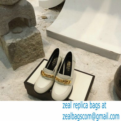 Gucci Heel 8.5cm Textured Leather Loafers White with Chain 2020