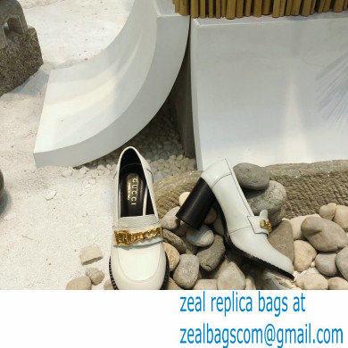 Gucci Heel 8.5cm Textured Leather Loafers White with Chain 2020