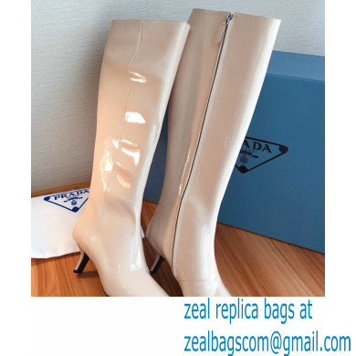 Prada Heel 6cm Glossy Patent Leather Boots Beige 2020