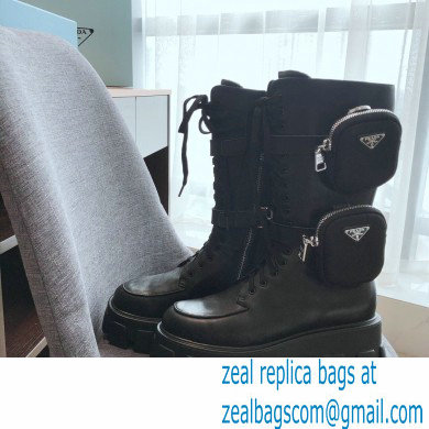 Prada Monolith Brushed Leather Rois Boots Black with Removable Nylon Pouches 2020