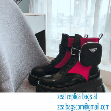 Prada Monolith Brushed Rois Combat Boots Black/Fuchsia with Removable Nylon Pouches 2020