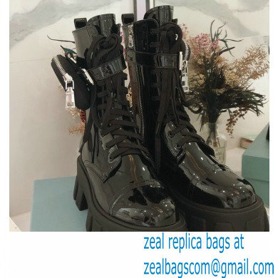 Prada Monolith Patent Leather Combat Boots Black with Removable Nylon Pouches 2020