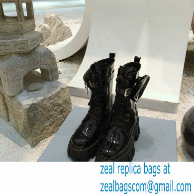 Prada Monolith Patent Leather Combat Boots Black with Removable Nylon Pouches 2020