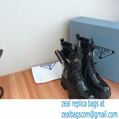 Prada Monolith Patent Leather Combat Boots Black with Removable Nylon Pouches 2020