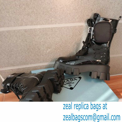 Prada Monolith Patent Leather Combat Boots Black with Removable Nylon Pouches 2020