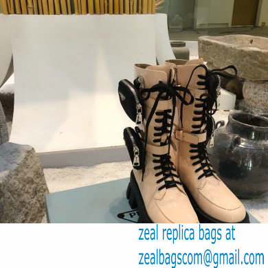 Prada Monolith Patent Leather Rois Boots Beige with Removable Nylon Pouches 2020
