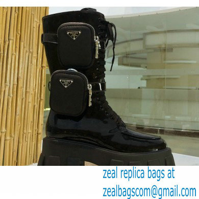 Prada Monolith Patent Leather Rois Boots Black with Removable Nylon Pouches 2020