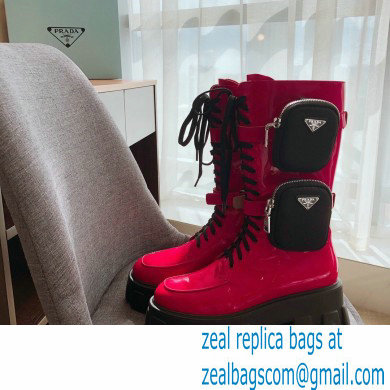 Prada Monolith Patent Leather Rois Boots Fuchsia with Removable Nylon Pouches 2020