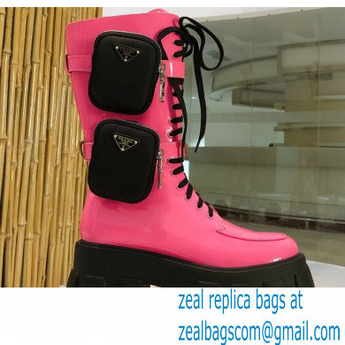 Prada Monolith Patent Leather Rois Boots Pink with Removable Nylon Pouches 2020