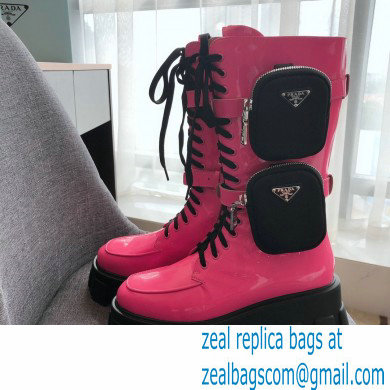 Prada Monolith Patent Leather Rois Boots Pink with Removable Nylon Pouches 2020