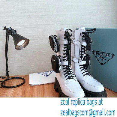 Prada Monolith Patent Leather Rois Boots White with Removable Nylon Pouches 2020