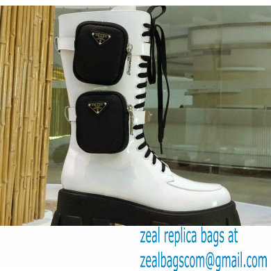Prada Monolith Patent Leather Rois Boots White with Removable Nylon Pouches 2020