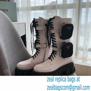 Prada Monolith Patent Leather Rois Boots White with Removable Nylon Pouches 2020