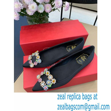 Roger Vivier Flower Strass Buckle Ballerinas in Satin Black 01