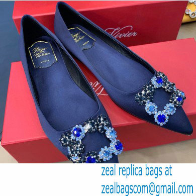 Roger Vivier Flower Strass Buckle Ballerinas in Satin Dark Blue