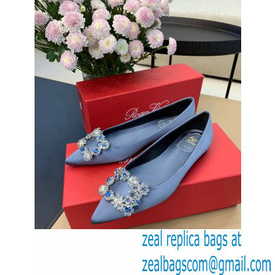 Roger Vivier Flower Strass Buckle Ballerinas in Satin Light Blue