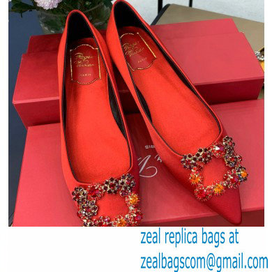 Roger Vivier Flower Strass Buckle Ballerinas in Satin Red