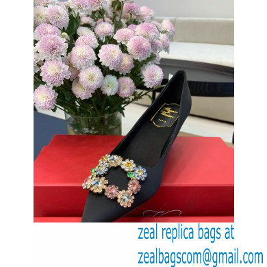 Roger Vivier Heel 6.5cm Flower Strass Buckle Pumps in Satin Black 01 - Click Image to Close