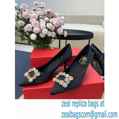 Roger Vivier Heel 6.5cm Flower Strass Buckle Pumps in Satin Black 01