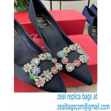 Roger Vivier Heel 6.5cm Flower Strass Buckle Pumps in Satin Black 01 - Click Image to Close