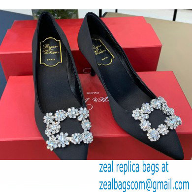 Roger Vivier Heel 6.5cm Flower Strass Buckle Pumps in Satin Black 02 - Click Image to Close