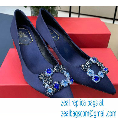 Roger Vivier Heel 6.5cm Flower Strass Buckle Pumps in Satin Dark Blue