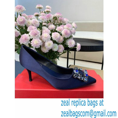 Roger Vivier Heel 6.5cm Flower Strass Buckle Pumps in Satin Dark Blue - Click Image to Close